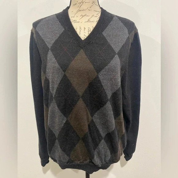 Brooks Brothers 346 100% Merino Wool Argyle Sweater Size Large Black Gray Tan - Picture 1 of 7